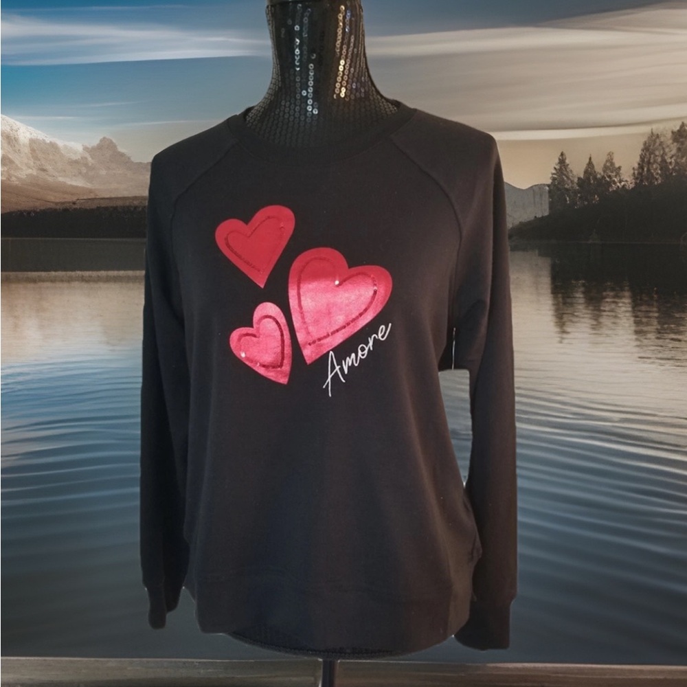 🆕 Philosophy Amore Hearts Sequin Top Sweatshirt Black Women’s Size XS